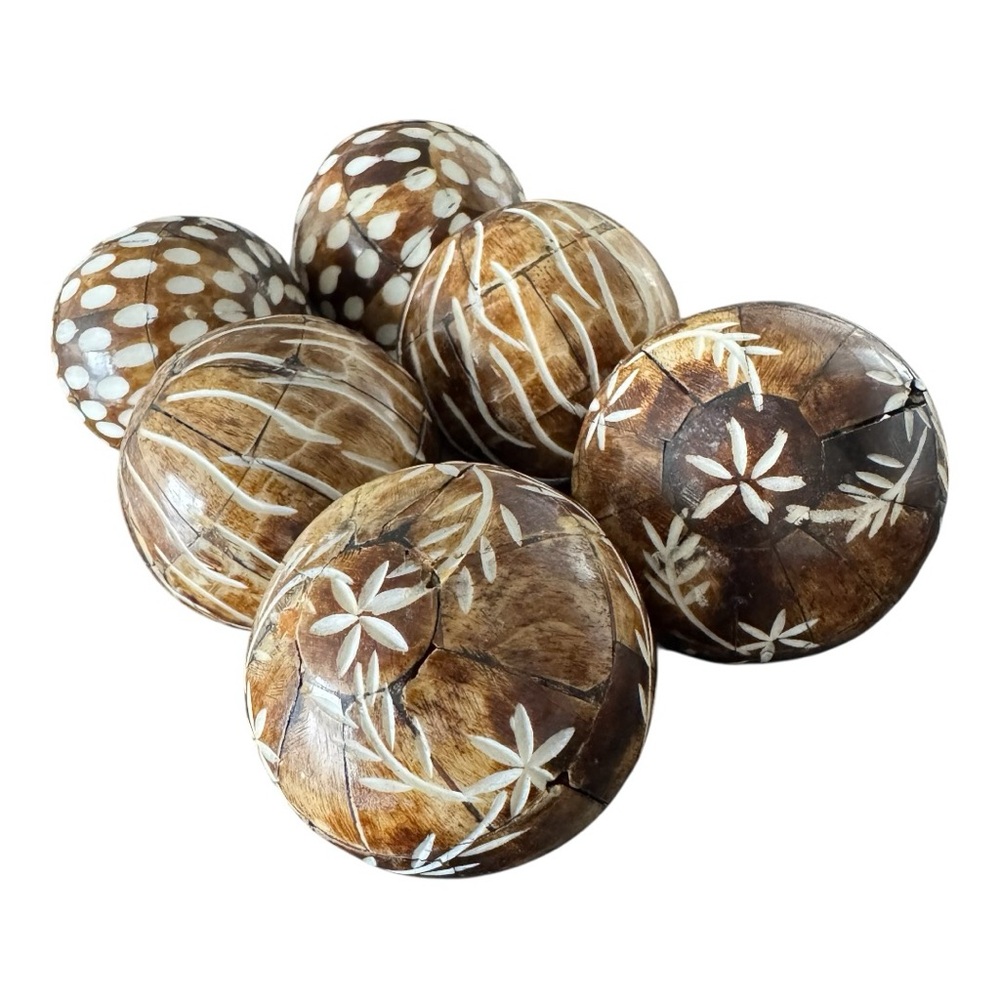 Set of 6 Hand-Carved Wooden Decorative Balls | Vintage Brown & White Spheres